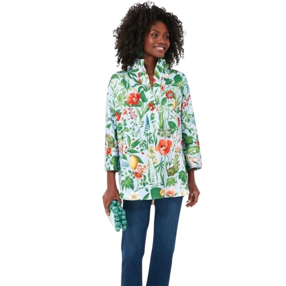 Tuckernuck Floral Blooming Botanical Blouse Tunic Top Blue Women’s Sz Medium